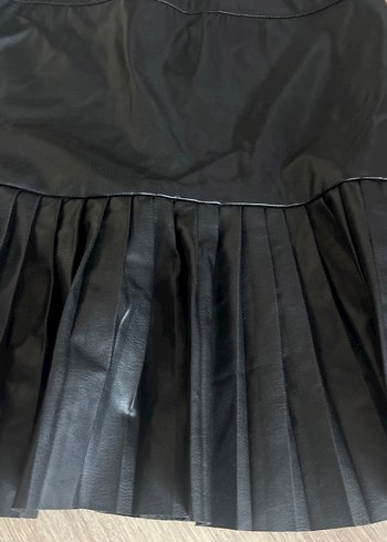 Piliseli Siyah Deri Midi Kadın Etek - Görsel 2