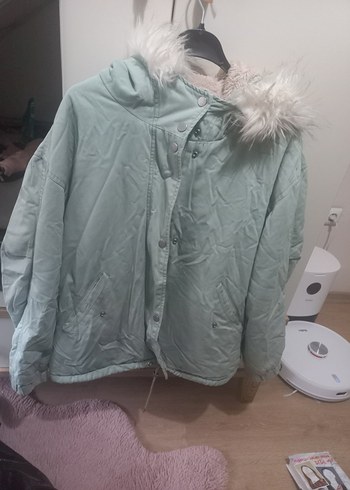 mavi marka mint yeşili Peluş Detaylı Midi Kadın Kışlık Mont