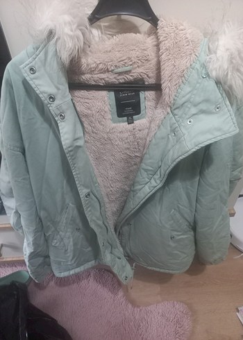 Mavi mavi marka mint yeşili Peluş Detaylı Midi Kadın Kışlık Mont