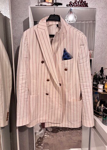 xl Beden Parisian Stil Çizgili Beyaz Erkek Ceket