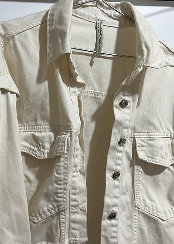 Düğmeli Beyaz Kadın Denim Ceket - Görsel 2