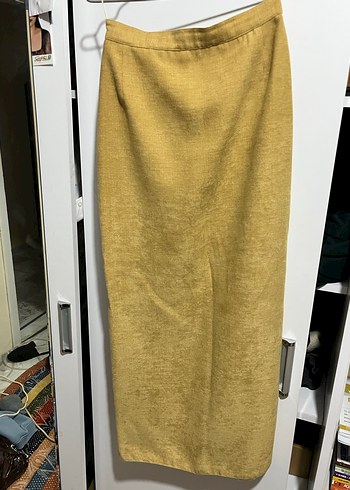 Sarı Keten Drapeli Uzun Kadın Etek - Görsel 2