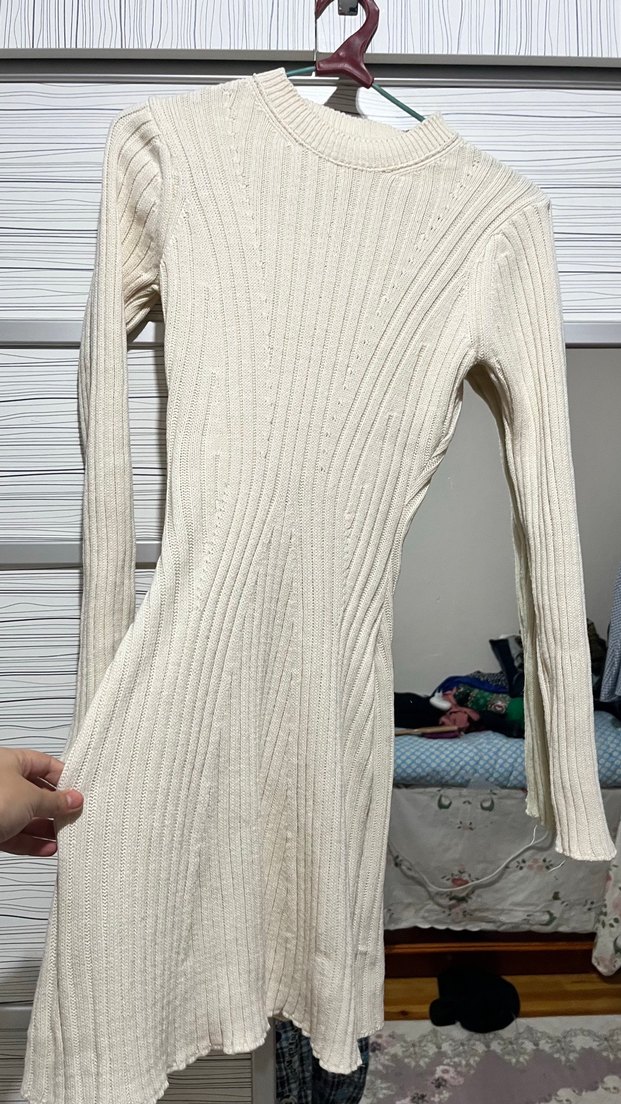 Beyaz Mini Boğazlı Triko Elbise - Görsel 3