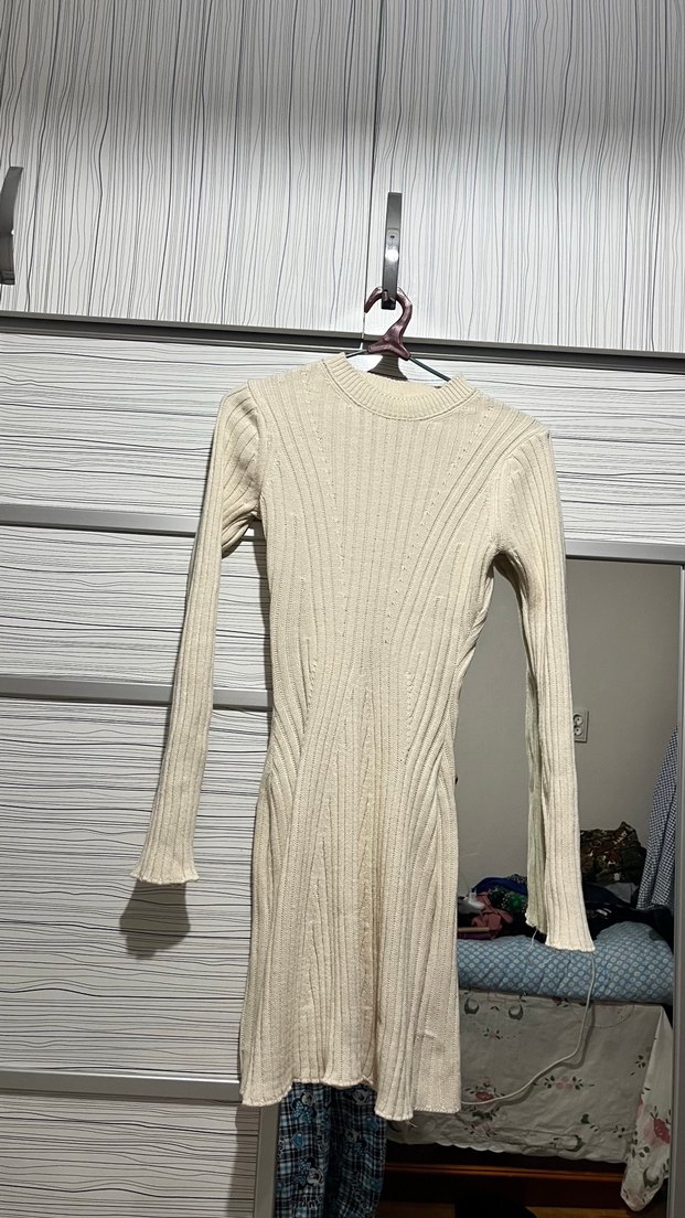 Beyaz Mini Boğazlı Triko Elbise - Görsel 2