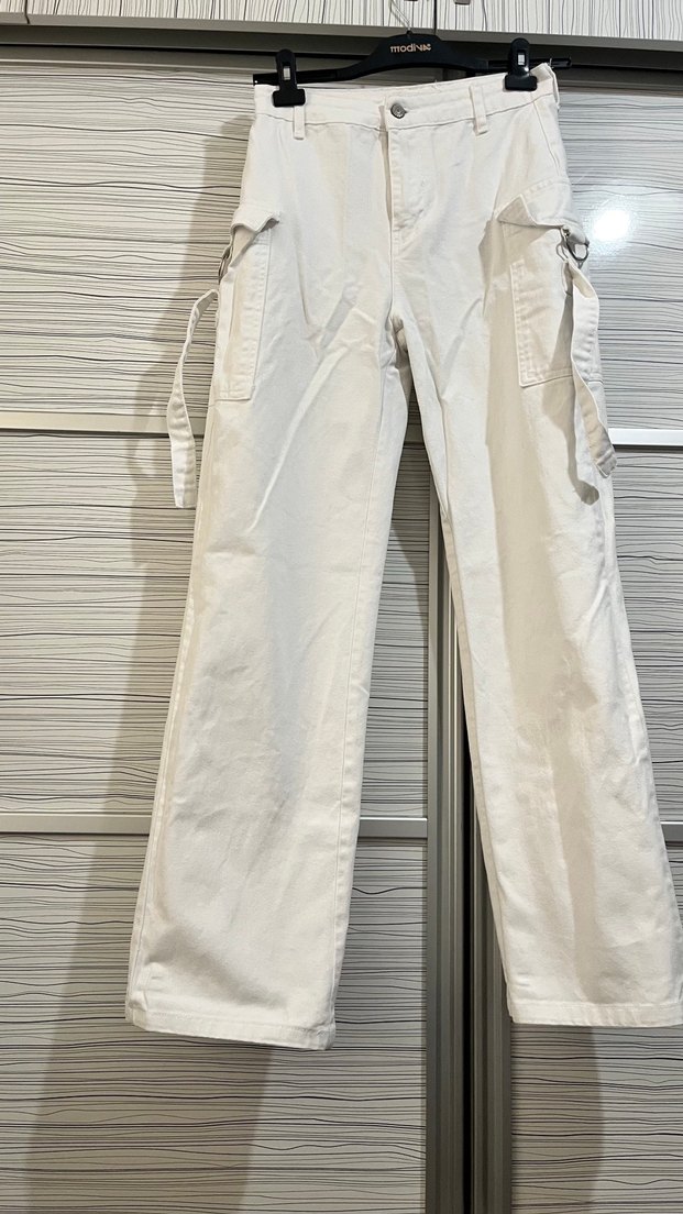 Beyaz Kemerli Salaş Kadın Pantolon - Görsel 2