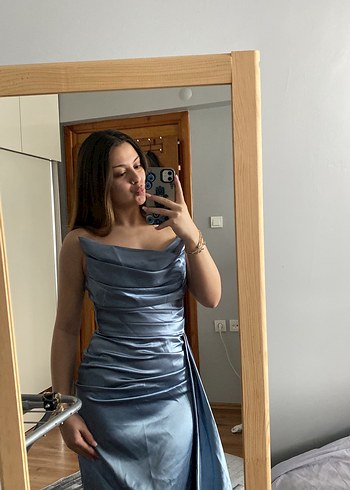 m Beden Parlak Mavi Straplez Abiye Elbise