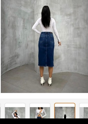 Beyaz Kemerli Midi Kot Kalem Etek - Görsel 3