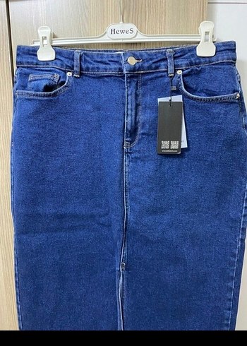 Beyaz Kemerli Midi Kot Kalem Etek - Görsel 5