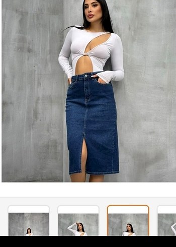 Beyaz Kemerli Midi Kot Kalem Etek - Görsel 2