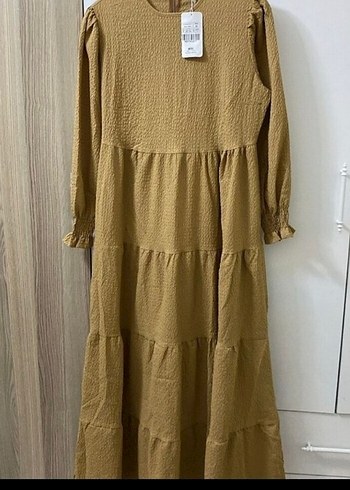 40 Beden camel Renk Bej Uzun Keten Elbise Pilili