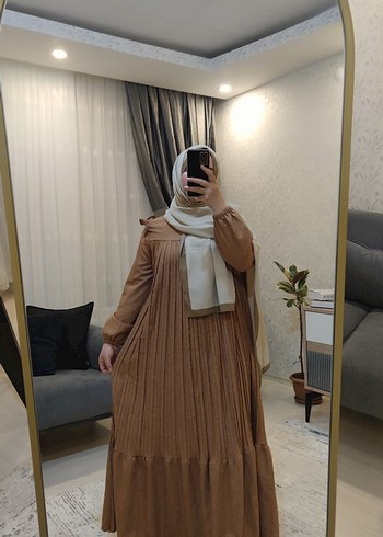 xl Beden Bej Piliseli Uzun Kadın Elbise