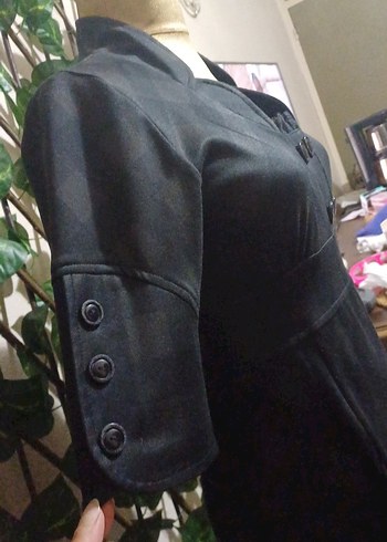 Düğmeli Siyah  midi Kadın Ofis Elbisesi - Görsel 5