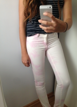 Beyaz-Pembe Skinny Pantolon