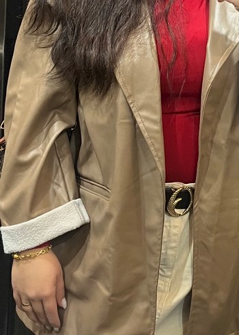 Bej Kadın Deri Ceket Düğmeli ve Rahat Kesim - Görsel 2