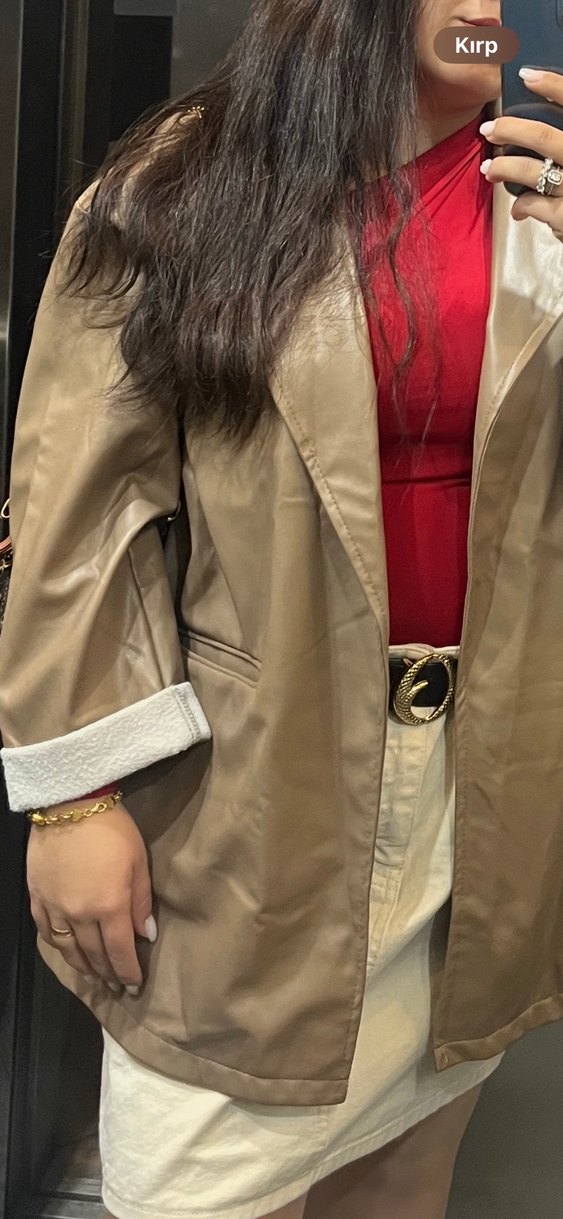 Bej Kadın Deri Ceket Düğmeli ve Rahat Kesim - Görsel 2