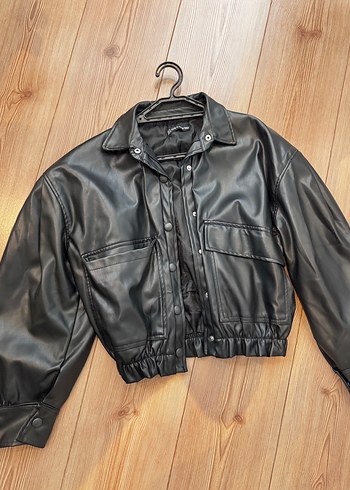 Düğmeli Siyah Deri Kadın Ceket - Görsel 2