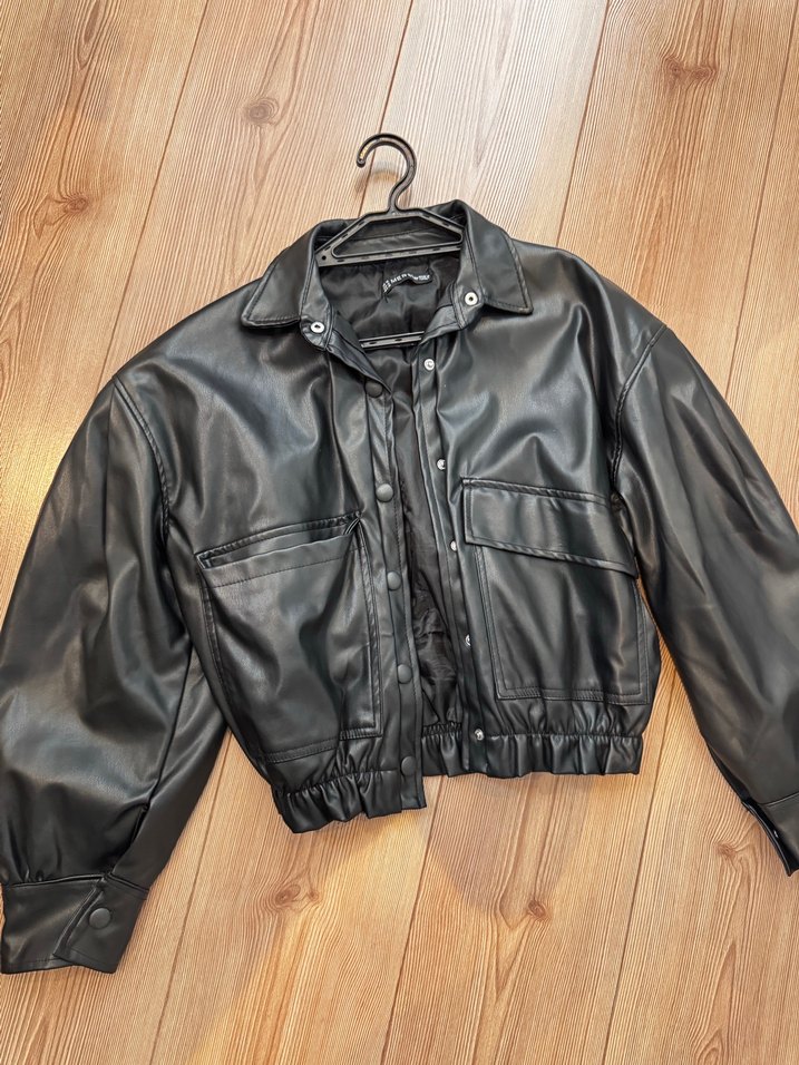 Düğmeli Siyah Deri Kadın Ceket - Görsel 2