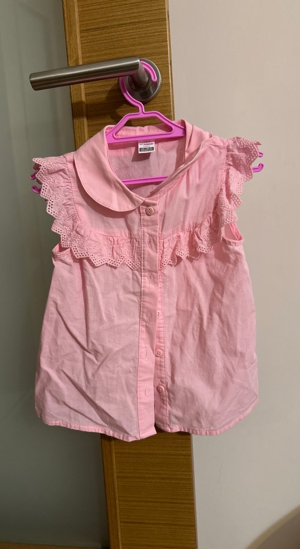 Kız Çocuk Pembe Kolsuz Fırfırlı Gömlek - Görsel 3