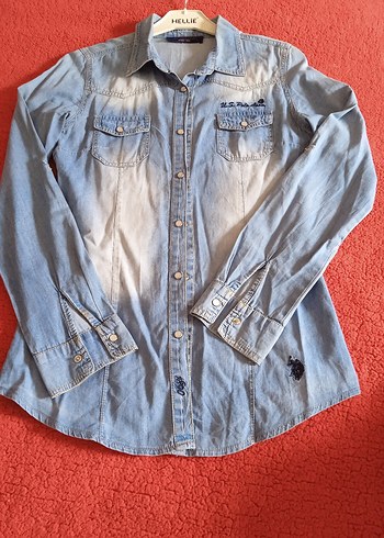 Polo Düğmeli Uzun Kollu Mavi Denim Kadın Gömlek - Görsel 2