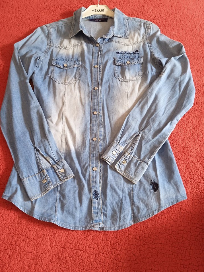 Polo Düğmeli Uzun Kollu Mavi Denim Kadın Gömlek - Görsel 2