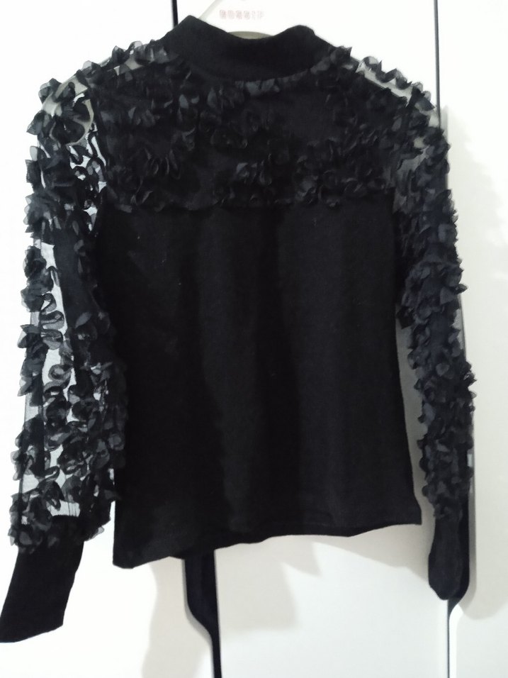 Kadın Siyah Balıkçı Yaka Fırfırlı Bluz - Görsel 2