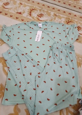 42 Beden turkuaz Renk Turkuaz Mini Batik Desenli Rahat Kadın Pijama Takımı