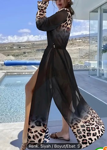 s Beden siyah Renk Leopar Desenli Siyah Bohem Uzun Kadın Sabahlık