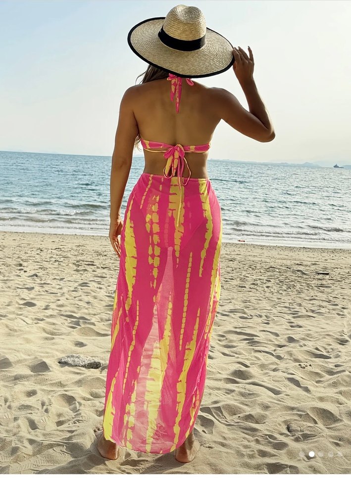 Pembe Parlak Bağlamalı Uzun Bohem Monokini - Görsel 5