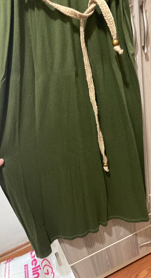 Yeşil Kemerli Uzun penye Elbise - Görsel 4