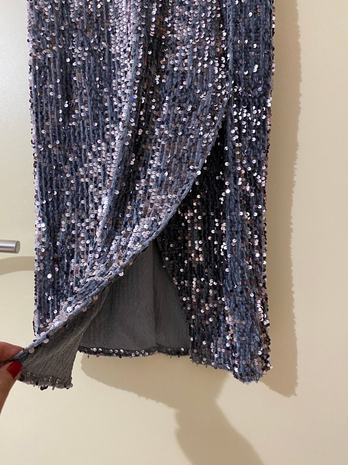 Gri Payetli V Yaka Kısa Kollu Abiye Elbise - Görsel 5