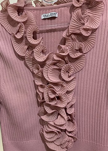 Pembe Fırfırlı V Yaka Kadın Triko - Görsel 2