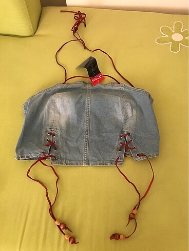 Mavi deri askılı kot crop buluz