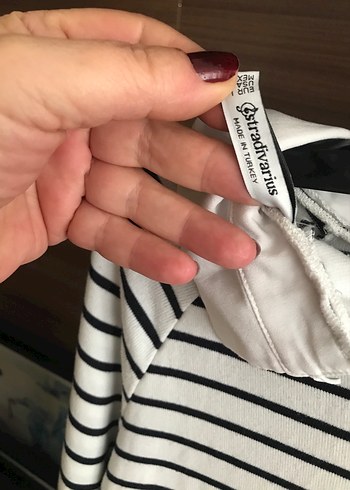 Çizgili Beyaz Gri Hamile Triko Tişört - Görsel 3