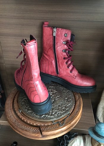 Pembe hakiki Deri Bağcıklı Yüksek Topuklu Kadın Bot - Görsel 3