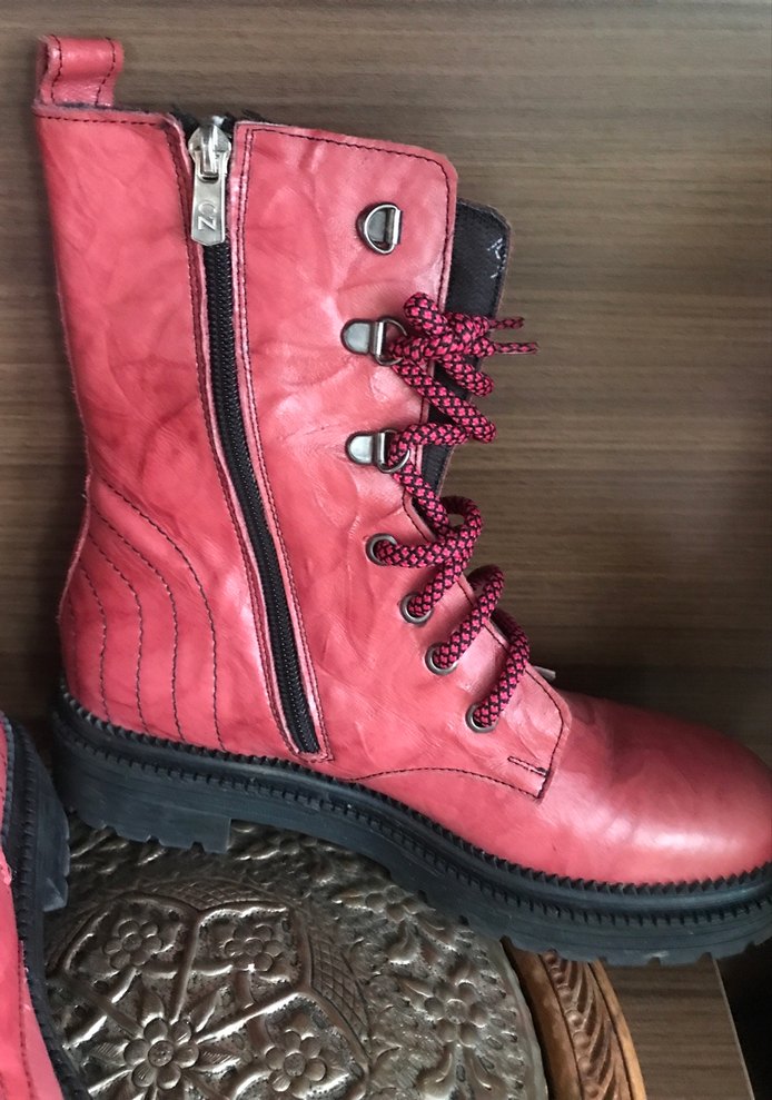 Pembe hakiki Deri Bağcıklı Yüksek Topuklu Kadın Bot - Görsel 2