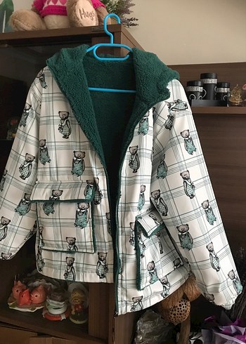 Kapüşonlu  çift taraflı Kadın Yeşil Polar Ceket - Görsel 3