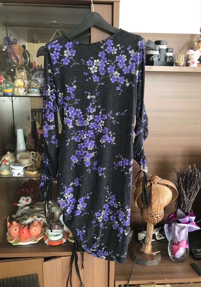 Uzun Kollu Mor Çiçekli Midi Elbise - Görsel 4