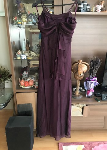 Mor Uzun Drapeli Straplez Abiye Elbise - Görsel 3