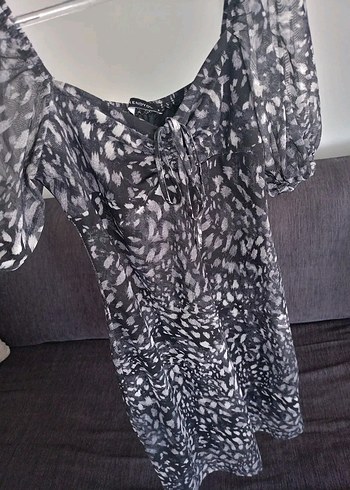 Gri Bağcıklı Gri Leopar Elbise , Kısa Kollu, Drapeli