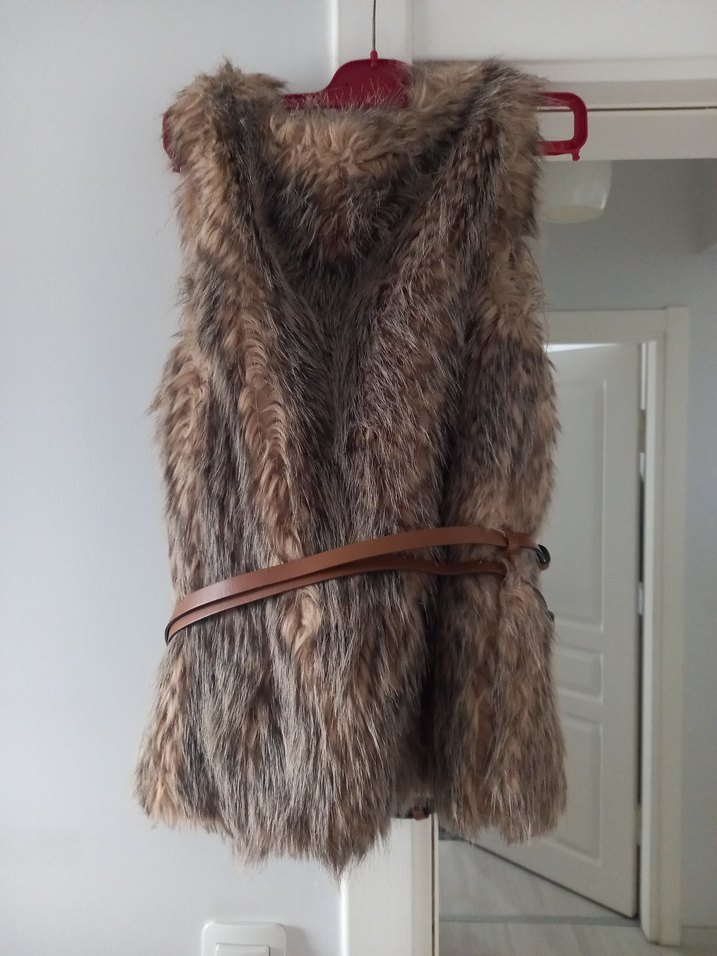 Kahverengi Kürklü Deri Kadın Yelek - Görsel 5