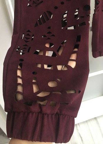 Bordo Nakışlı Yırtmaçlı Kadın Süet Eşofman - Görsel 2