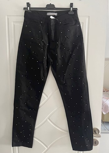 universal Beden Siyah İnci İşlemeli Kadın Denim Pantolon