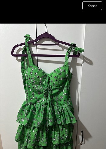 Diğer Yeşil Volanlı Mini Bohem Elbise