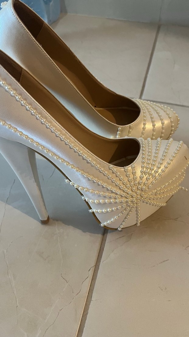 Krem inci işlemeli  Yüksek Topuklu Kadın Ayakkabı - Görsel 3
