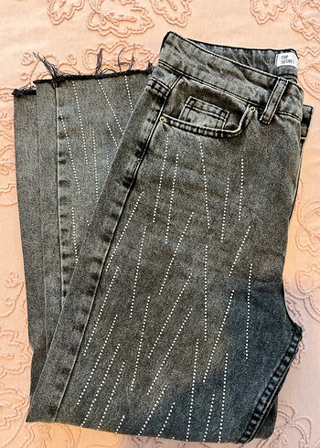 s Beden gri Renk Gri Taş İşlemeli Regular Fit Kadın Kot Pantolon