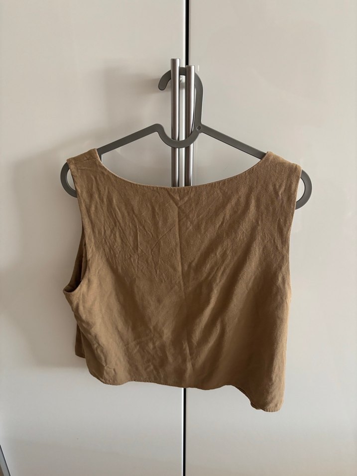 Bej Keten Kolsuz Üst - Görsel 3