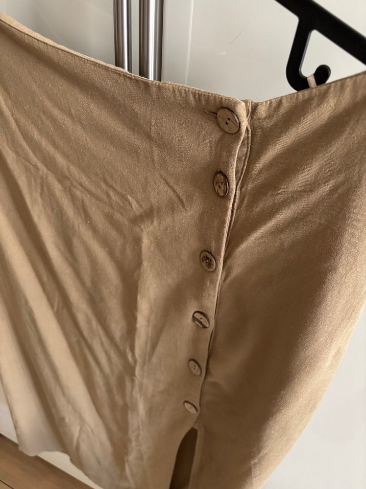 Düğmeli Bej Midi Keten Etek - Görsel 2