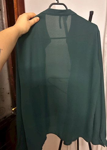 Düğmeli zümrüt Yeşili Uzun Kollu Kadın Gömlek - Görsel 4