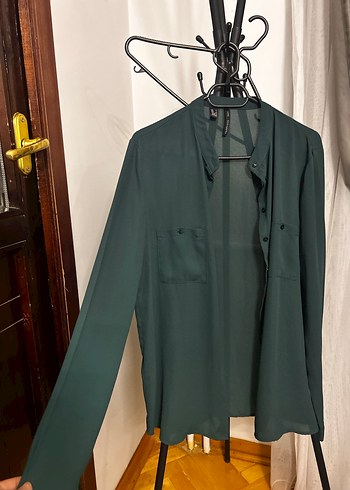 Düğmeli zümrüt Yeşili Uzun Kollu Kadın Gömlek - Görsel 2