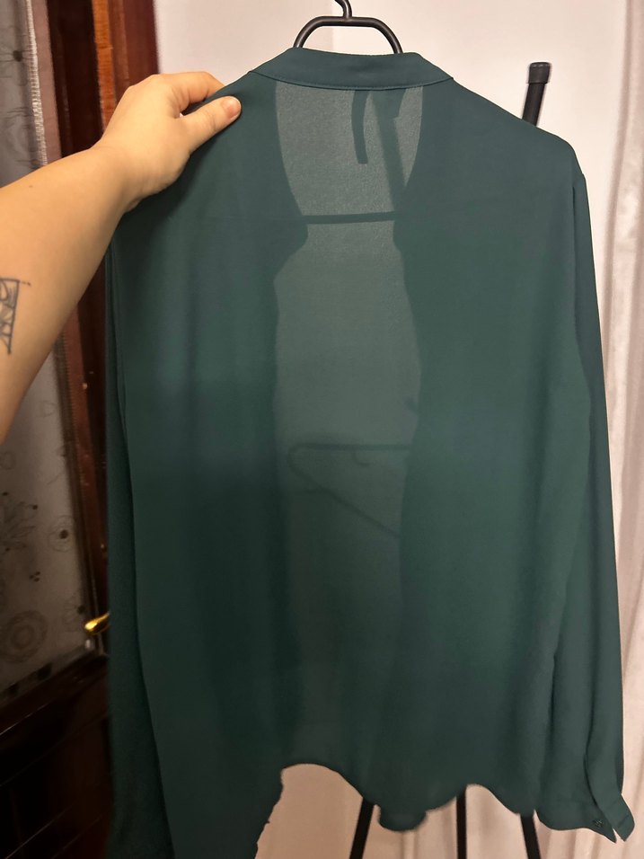 Düğmeli zümrüt Yeşili Uzun Kollu Kadın Gömlek - Görsel 4